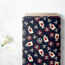 Тканина плательна штапель Бренди Chanel 5 темно-синя, Написи