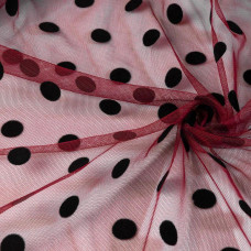 Тканина сітка стрейч Горох із флоком бордо чорна