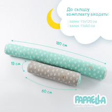 Бортик валик захисний мультифункціональний PAPAELLA 60х15 см 120х15 см дитяче ліжечко м'ята/беж