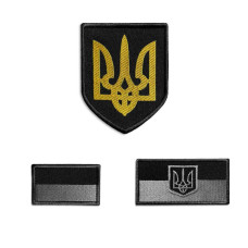 Набір шевронів 3 шт на липучці Патріотичний 3 шт Прапор та Герб України чорний вишитий патч нашивка