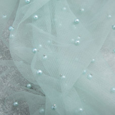 Тканина сітка фатин декоративна з перлами з бусинами бірюза