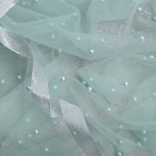 Тканина сітка фатин декоративна з перлами з бусинами бірюза