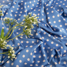Тканина плательна атлас шовк Горошок білій на блакитній