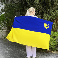 Прапор України 90х135 см з вишитим тризубом тканинний синьо-жовтий преміум якість