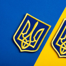 Шеврон на липучці Герб Тризуб України 6х8 см синій вишитий патч нашивка