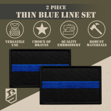 Набір шевронів 2 шт. з липучкою Синя смуга на чорному 5х8 см, вишитий патч нашивка шеврон Поліція США