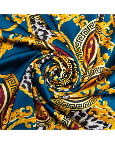 Тканина для одягу Атлас шовк з малюнком, 145 см, 90 г/м2, ніжна, легка тканина шанель т/синя