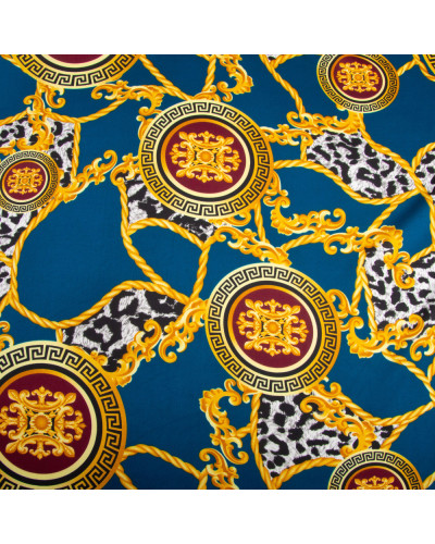 Тканина для одягу Атлас шовк з малюнком, 145 см, 90 г/м2, ніжна, легка тканина шанель т/синя