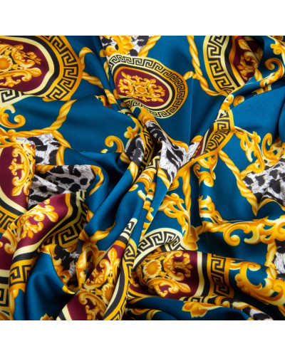 Тканина для одягу Атлас шовк з малюнком, 145 см, 90 г/м2, ніжна, легка тканина шанель т/синя