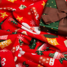 Тканина фланель бавовна 240 см 155 г/м2, дитячий принт, м'яка тканина для постільної білизни, пелюшка Санта на червоному