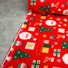Тканина фланель бавовна 240 см 155 г/м2, дитячий принт, м'яка тканина для постільної білизни, пелюшка Санта на червоному