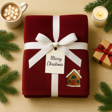 Плед покривало велсофт 170х210 см супер м'який з вишивкою різдвяний бордо будиночок