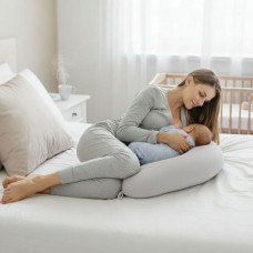 Подушка для вагітних і годування 30х190 см SeiDesign трикотаж гіпоалергенна, наволочка з бавовни на блискавці сірий-беж