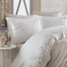 Постільна білизна Dantela Vita сатин з вишивкою - Hare bej бежевий євро