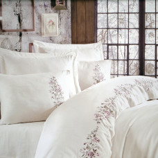 Постільна білизна Dantela Vita сатин з вишивкою - Efsa krem кремовий сімейний