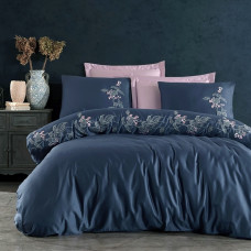 Постільна білизна Dantela Vita сатин з вишивкою - Efra lacivert синій євро