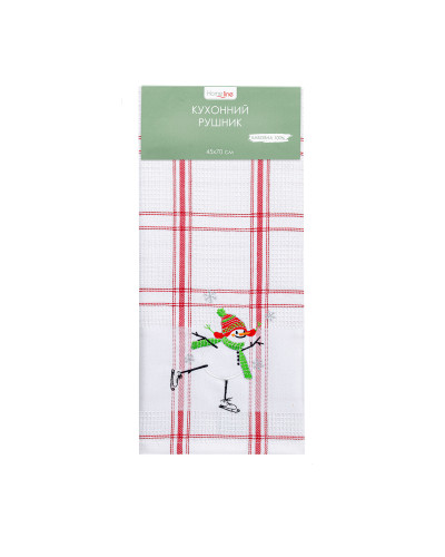 Рушник вафельний Home Line (смужка червона, з вишивкою сніговик) 45x70см 180061
