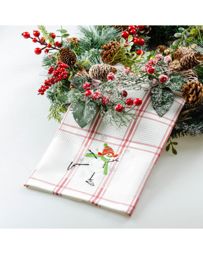 Рушник вафельний Home Line (смужка червона, з вишивкою сніговик) 45x70см 180061